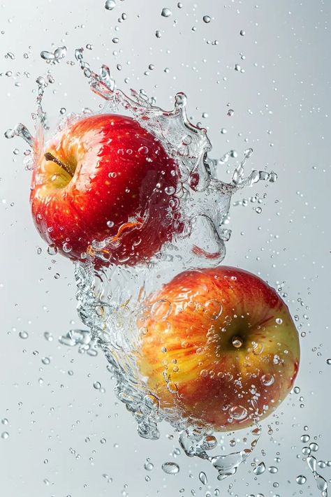 Two red apples are in the air and water is splashing around them. The water droplets are making a beautiful pattern around the apples ->> more details in ai-img-gen.com Fruit Splash, Product Poster, Poster Flat, Minimalist Top, Fruit Benefits, Soda Water, Water Droplets, Red Apple, Product Photography