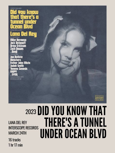 minimal aesthetic polaroid album poster for did you know that there's a tunnel under ocean blvd by lana del rey Tunnel Under Ocean Blvd, Under Ocean, Lana Del Rey Albums, Minimalist Music, Lana Del Rey Songs, Lana Del Rey Love, Music Poster Ideas, Vintage Music Posters, Ocean Blvd