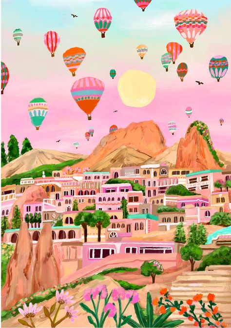 Cappadocia Aesthetic, Turkey Print, Cappadocia Turkey, Turkey Travel, Travel Illustration, Hot Air Balloons, Travel Wall, Travel Wall Art, Art Collage Wall