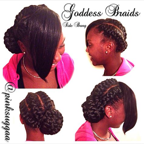 Goddess Braids & Bangs Goddess Braids With Bangs, Braids Bangs, Braids With Bangs, Goddess Braids Updo, Goddess Braid Styles, Braids Goddess, Ghana Braids Hairstyles, Braiding Hairstyles, Black Hair Updo Hairstyles