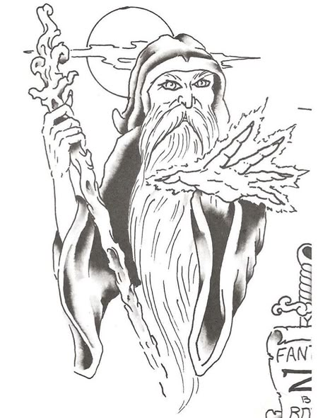 Vintage Wizard Illustration, Wizard Tattoo Flash, Wizard Tattoo Design, Vintage Flash Tattoo, Old School Biker, Oz Wizard, Hip Hop Tattoo, Wizard Tattoo, Vintage Tattoo Flash