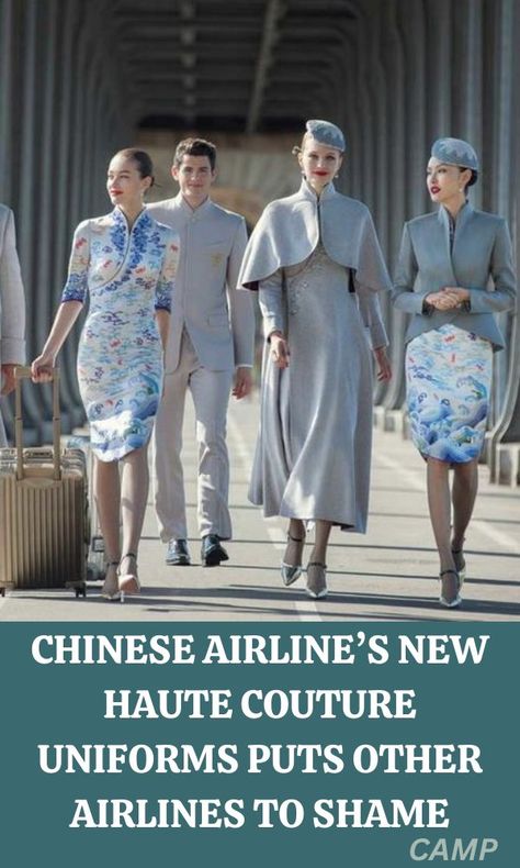 One airline in China has just elevated their dress code to new heights by providing their crew members with stylish haute couture work uniforms that seem to be taken straight out of a fashion magazine cover. Airlines Uniform, Hainan Airlines, Airline Uniforms, Fashion Magazine Cover, Work Uniforms, Crew Members, Beach Wears, Dress Code, Dress Codes