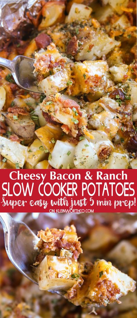 Cheesy Bacon Ranch Potatoes are a simple & easy to make slow cooker recipe. With just 5 minutes of prep, this cheesy potato goodness is great with dinner! Cheesy Bacon Ranch Potatoes, Potato Recipes Crockpot, Bacon Ranch Potatoes, Slow Cooker Potatoes, Ranch Potatoes, Crock Pot Potatoes, Cheesy Potato, Slow Cooker Recipe, Cheesy Bacon