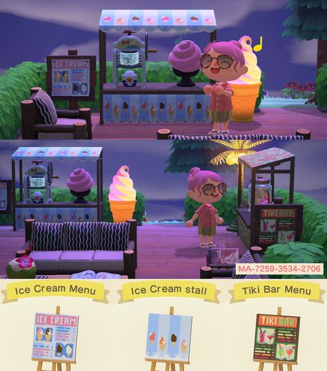 Ice Cream Stall Design Animal Crossing, Ice Cream Animal Crossing, Stall Ideas Animal Crossing, Animal Crossing Ice Cream Stall, Acnh Ice Cream Stall Design, Animal Crossing Stall Design, Acnh Stall Ideas, Ice Cream Stall, Acnh Signs