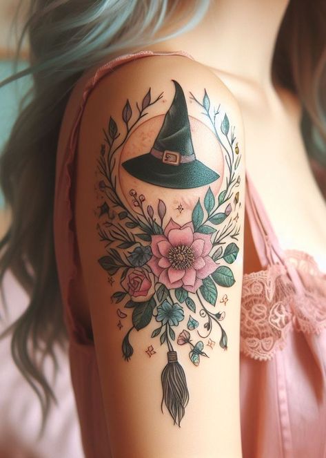 Mystical Wicca Elements Tattoos: Radiate Energy with a Twist | Pocoko Witch Tattoos For Women, Wicca Elements, Witchy Tattoo Designs, Witch Hat Tattoo, Cauldron Tattoo, Witchcraft Elements, Wiccan Tattoo, Witchy Tattoos, Go Tattoo