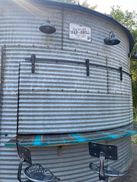 Grain Bin Patio Ideas, Grainery Gazebo, Grain Bin Shed Ideas, Grain Bin Hot Tub Room, Grain Silo Outdoor Kitchen, Bin Gazebo, Grain Bin Bathroom, Grain Bin Gazebo Ideas, Grain Bins