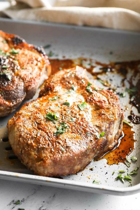 Perfectly cooked (and juicy!) oven baked bone in pork chops in around 30 minutes. Only 5 minutes of prep to make the best homemade pork chop seasoning and toss them in the oven. Never-dry, these are cooked to the perfect temperature in the oven. A healthy pork chop recipe that's gluten free, keto, whole30 and paleo friendly. | Real Simple Good Baked Pork Chops Oven Bone In, Bone In Pork Chop Recipes, Baked Bone In Pork Chops, Scientist Experiments, Pork Chop Casserole Recipes, Pork Chops Bone In, Healthy Pork Chops, Healthy Pork Chop Recipes, Oven Pork Chops