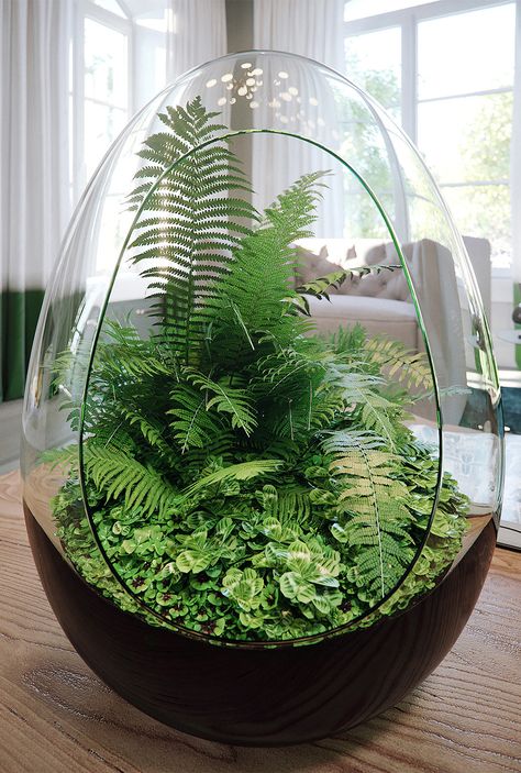 A modern terrarium with a little bit of easter and a lot of zen! Closed Terrarium Plants, Modern Terrarium, Indoor Plant Display, Plant Display Ideas, Open Terrariums, Cactus Terrarium, Taman Air, Beautiful Terrariums, Mini Terrarium