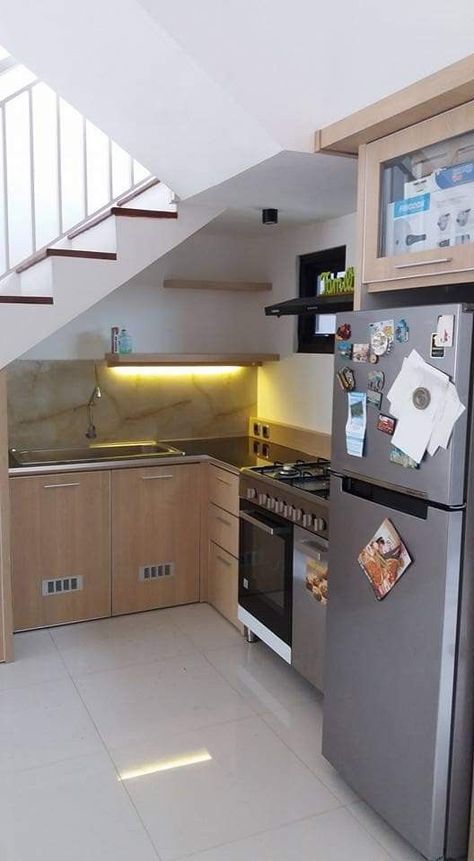 Picture of a modern kitchen with lower timber cabinets placed under the stairs, with open shelves with lights and a couple of appliances Kitchen Under Stairs Ideas, Shelves With Lights, Under Stairs Ideas, Kitchen Under Stairs, Stairs Ideas, Under The Stairs, Dead Space, Smart Kitchen, Under Stairs