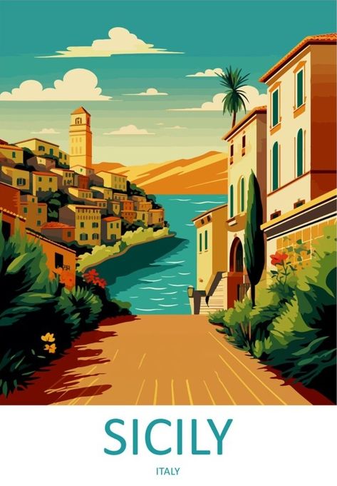 Location Posters, Best Places In Italy, Wanderlust Decor, Vintage Postcards Travel, Italy Poster, Poster Decorations, Retro Travel Poster, Sicily Italy, Travel Illustration