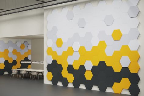 Hexagon Decor, Diamond Tile, Office Renovation, Hexagon Diamond, Acoustic Wall, Wall Systems, Acoustic Panels, Wall Cladding, Office Wall Decor