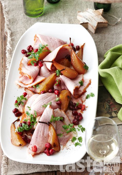 Follow the Nordic take on traditional trimmings and serve up this glazed ham for Christmas. (Photography by Brett Steven; Recipe by Valli Little). Glazed Pears, Christmas Ham, Aussie Christmas, Christmas Feast, Glazed Ham, Australian Christmas, Christmas Food Ideas, Festive Food, Ham Glaze