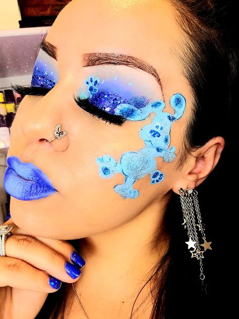 Blues Clues Face Paint, Blues Clues Makeup, Blue Halloween Makeup Ideas, Rhinestone Blue Makeup, Blues Clues Halloween, Blue Eyeshadow Halloween, Inspired Makeup, Blues Clues, Clue