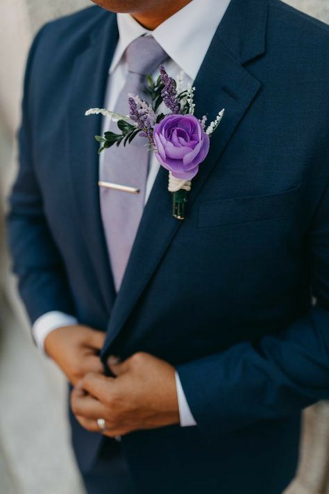 Navy Blue Tux With Purple Tie, Lilac Mens Wedding Attire, Electric Purple Wedding, Groom Lilac Wedding, Navy Suit With Lilac Tie, Navy And Lavender Wedding Colors, Navy Blue Tux With Lavender, Navy Suit Lilac Tie, Blue Suit With Lavender Tie