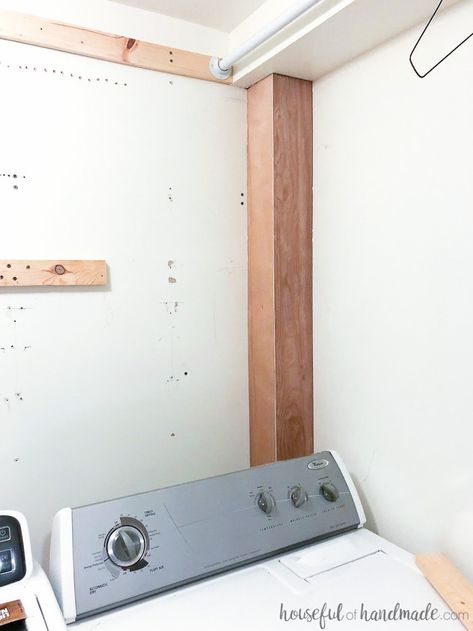 Laundry Room Pipes Hide, Basement Laundry Area, Hidden Laundry Rooms, Laundry Bathroom Combo, Hide Pipes, Laundry Closet Makeover, Laundy Room, Laundry Room Update, Bathroom Vent