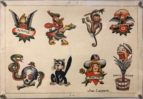 "Brooklyn Joe" Lieber | Ink and watercolor, 1930-50. CJM | Flickr Traditional Sailor Jerry Tattoo Flash, Brooklyn Joe Lieber Tattoo Flash, Brooklyn Joe Lieber, Sailor Jerry Snake, Joe Lieber Tattoo Flash, Sailor Jerry Flash Sheet, George Burchett Tattoo Flash, Tattoo Museum, Antique Tattoo