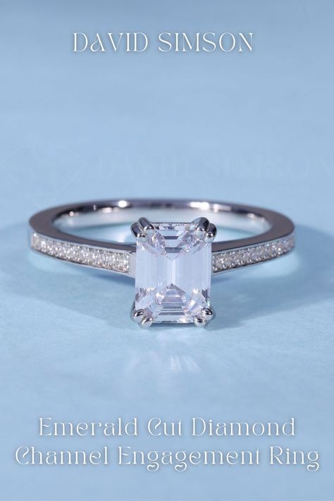 This emerald cut diamond channel set engagement ring with a thick band features unique engagement ring cuts, antique wedding rings, pretty engagement rings, and wide band diamond rings. ❤️Personalize your dream ring with us! Share your favorite design at hello@davidsimson.com for a custom creation #thickbandengagementring #engagementringcuts #prettyengagementrings #antiqueweddingrings #whimsicalengagementring #fairytaleengagementrings #hugeengagementrings #valentinejewelryideas