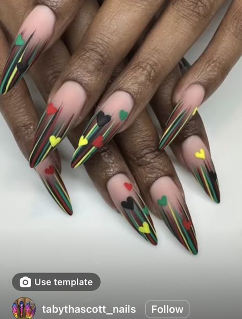 Haitian Nail Designs, Abstract Valentines Nails, Non Traditional Valentines Nails, Bhm Nails, Jamaican Theme Nails, School Themed Nail Designs, Jamaican Nails Ideas Design, Jamaican Inspired Nails, Reggae Nails Designs