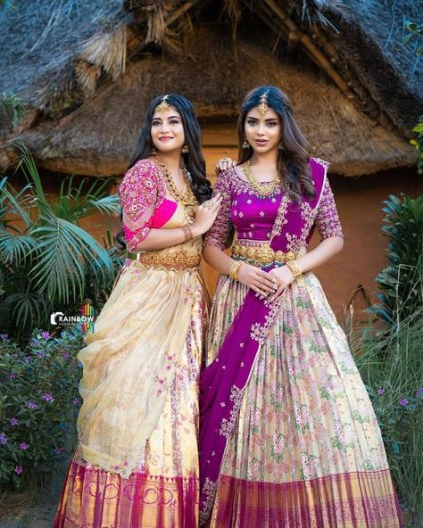 Half Sari Designs, Kanjeevaram Half Saree, South Indian Lehenga Half Saree Bridal, Langa Oni Designs, Lehengas For Bride Sister, Half Saree Designs Simple, Langa Voni Half Saree, Traditional Half Saree, Saree Ceremony