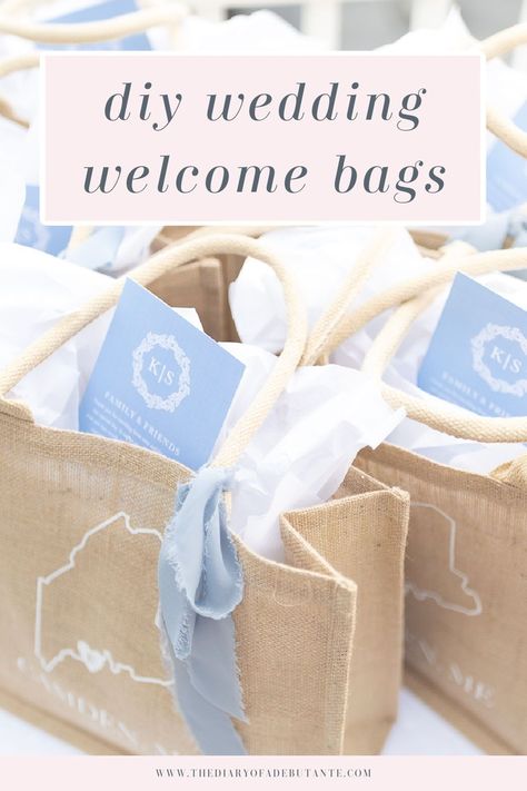 Wedding Day Goodie Bags, Fall Wedding Welcome Bags, Gift Bag For Wedding Guests Hotel, Goodie Bags For Wedding Guests, Beach Wedding Welcome Bag Ideas, Jute Welcome Bags, Destination Wedding Door Hangers, Destination Wedding Swag Bag, Cricut Wedding Welcome Bags