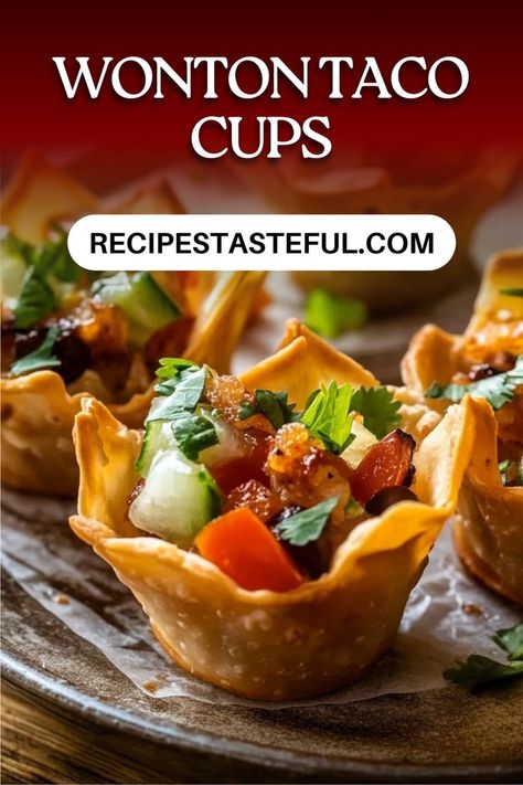 These festive Wonton Taco Cups are perfect for game days, taco nights, or special celebrations like Cinco de Mayo! They’re baked, deliciously crunchy, and loaded with flavorful fillings. Chicken Wonton Tacos Recipe, Won Ton Taco Cups, Taco Cups With Wonton Wrappers, Wonton Wrapper Taco Cups, Mini Taco Bowls, Breakfast Wonton Cups, Taco Wonton Cups Appetizers, Won Ton Tacos Recipe, Taco Cups Wonton