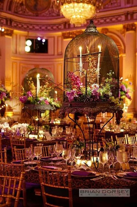 I love the "Whimsical" Theme in Purple & Green Birdcage Wedding Centerpieces, Birdcage Centrepiece, Whimsical Centerpieces, Birdcage Ideas, Birdcage Centerpiece, Wedding Installations, Antique Birdcage, Decorative Centerpieces, Royalty Brown