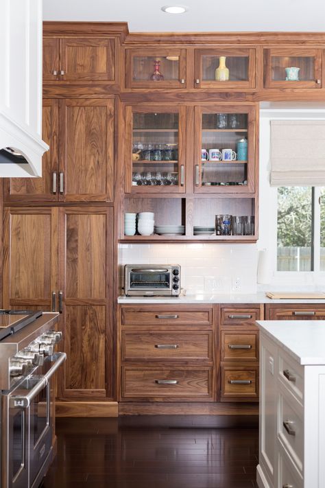 Walnut Inset Cabinets, Craftsman Cabinets Kitchen, Craftsman Kitchen Colors Schemes, Natural Walnut Cabinets, All Wood Kitchen Cabinets, Walnut Kitchen Cabinets Farmhouse, Walnut Shaker Kitchen Cabinets, Antique Walnut Kitchen Cabinets, Natural Walnut Kitchen Cabinets