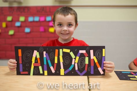 we heart art: mosaic names possibly a good start for preschool and to help learn preK and K names Name Art Projects, Grade 1 Art, Kindergarten Names, Preschool Names, First Grade Art, Kindergarten Art Lessons, Kindergarten Art Projects, Fall Art Projects, Name Crafts