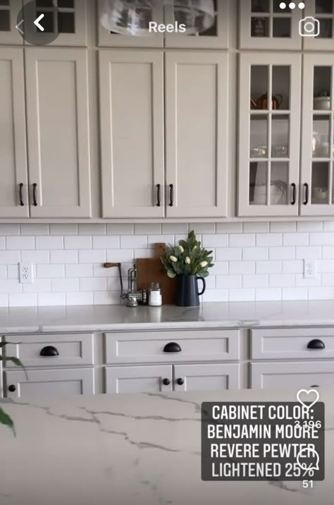 White Walls Kitchen Ideas, Taupe Kitchen Cabinets With Black Hardware, Mushroom Taupe Kitchen Cabinets, Light Cabinet Colors, Kitchen Cabinet Color Ideas With Dark Granite Counters, Greige Cabinets, Mushroom Color Kitchen Cabinets, White And Beige Kitchen, Light Taupe Kitchen Cabinets