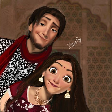 Digitial art #disney Disney Princess Desi Version, Disney Princesses Painting, Wallpaper For Couples, Cute Couple Illustration, Indian Disney Princess, Disney Princess Paintings, Eugene Fitzherbert, Princess Drawing, Cute Drawings Of Love