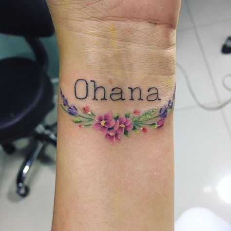 Ohana Tattoo with Flower Ohana Flower Tattoo, Ohana Wrist Tattoo, Ohana Tattoo With Flower, Ohana Tattoo Ideas Families, Ohana Tattoos, Ohana Tattoo Ideas, Aloha Tattoo, Grandchildren Tattoos, Ohana Tattoo