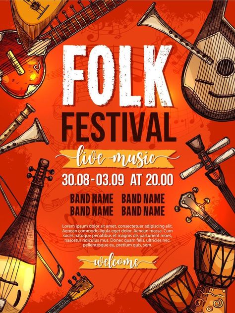 Music festival vector poster template Music Festival Poster Design, African Instruments, Recital Poster, Art Festival Poster, Festival Poster Design, Folk Music Festival, A5 Poster, Poster Project, Street Art Artists