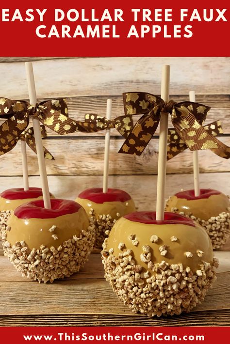 I absolutely ADORE caramel apples, and love to incorporate them into my Fall decor. Since real ones aren't exactly long-lasting, I made these from plastic apples, Mod Podge, paint, and Kay Kob! My... Caramel Apples Diy, Faux Caramel Apples, Food Props Diy, Fake Food Props, Apple Craft, Apple Decorations, Food Props, Fake Cake, Fake Bake