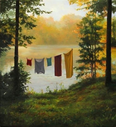 Towels at the Lake, 2014 Scott Prior (Born in Exeter, New Hampshire, 1949) Scott Prior Paintings, Exeter New Hampshire, Clothes Lines, Laundry Art, Clothes Hanging, Scandinavian Folk Art, Lake Landscape, Landscape Artwork, At The Lake