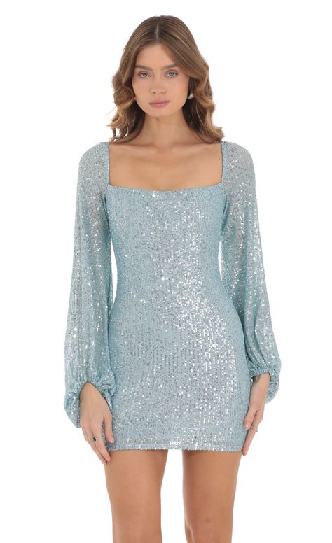 Shantelle Sequin Long Sleeve Dress in Blue | LUCY IN THE SKY Light Blue Hoco Dress, Tight Hoco Dress, Long Sleeve Hoco Dress, Sparkly Hoco Dress, Winter Dance Dresses, Sequin Long Sleeve Dress, Blue Sparkly Dress, 8th Grade Formal Dresses, Light Purple Dress