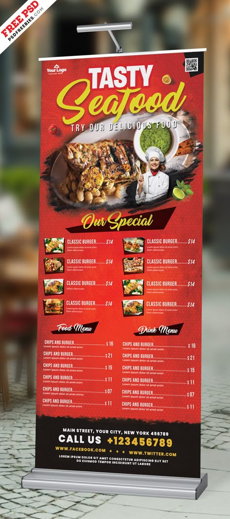 Outdoor Restaurant Food Menu Roll-up Banner PSD Resturant Menu, Rollup Design, Standing Banner Design, Roll Banner, Menu Card Design, Menu Layout, Roll Up Design, Rollup Banner, Fast Food Menu