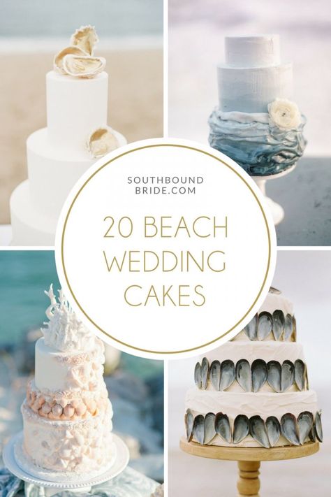 20 Elegant Beach Wedding Cakes | SouthBound Bride Beach Wedding Cake Ideas Ocean Themes, Wedding Cake Sea Theme, Small Beach Wedding Cake Ideas, Oyster Wedding Cake, Beachy Wedding Cake, Simple Beach Wedding Cake, Beach Wedding Cakes Simple, Beach Themed Wedding Cakes, Wedding Cake Beach