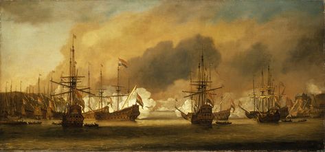 Action at Bergen, 3 August 1665 - National Maritime Museum Ships Sinking, Conflict Art, Anglo Dutch Wars, Dutch Flag, Maritime Painting, Photo Sea, Sea Battle, Old Sailing Ships, Age Of Sail