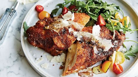 Chrissy Teigen’s Cheesy Chicken Milanese Recipe Recipe | Bon Appetit Milanese Recipe, Chicken Milanese, Spa Food, Today Is Monday, Chicken Cutlets, Cheesy Chicken, Chrissy Teigen, Boneless Chicken Breast, New Cookbooks