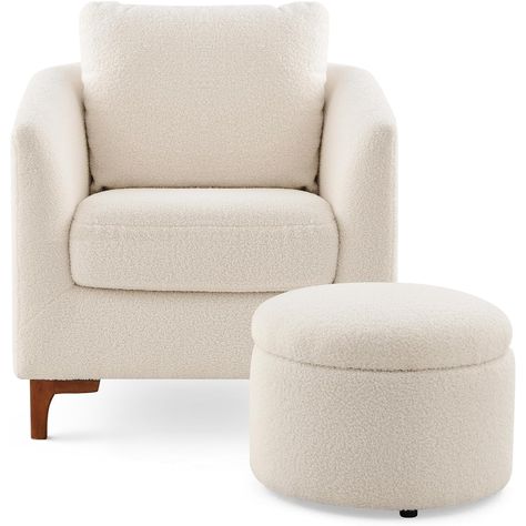 Sherpa Accent Chair with Storage Ottoman Set, Upholstered Barrel Club Arm Chair with Footrest Set of 1/2 - Bed Bath & Beyond - 39873378 Sherpa Accent Chair, Chair With Storage, Bedroom Chairs, Chair With Footrest, Small Bedrooms, Living Room Chair, Storage Chair, Single Sofa Chair, Ottoman Set