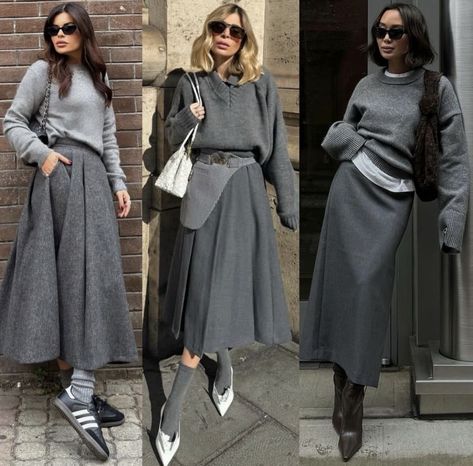 Grey Maxi Skirt Outfit, Gray Skirt Outfit, Long Grey Skirt, Grey Outfits, Grey Maxi Skirts, Trendy Outfit Ideas, Frock Fashion, Winter Skirt Outfit, Over 60 Fashion