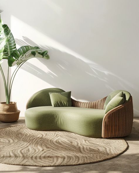 Minimalist Sofa with Rattan Armchair and Tropical Leaves Curved Rattan Sofa, Tropical Sofa, Circular Couch, White Wall Background, Curvy Sofa, Light Green Fabric, Minimalist Sofa, Interior Design Photography, Rattan Armchair