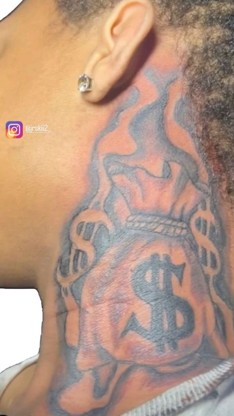 Money, neck tattoo Money Bag Tattoo On Neck, Money Bag Neck Tattoo, Money Neck Tattoos, Hood Neck Tattoo For Guys, Money Bag Tattoo, Dancer Lifestyle, Elbow Tattoos, Neck Tattoo For Guys, Neck Tattoos