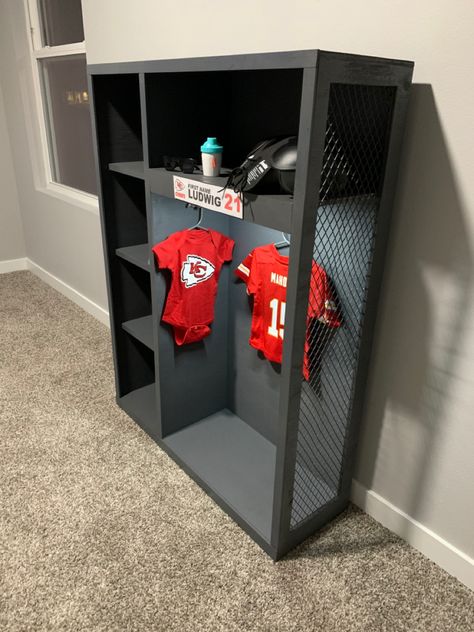 Football nursery, football scoreboard, football locker and bookcase, boys room, kansas city chiefs Boho Sports Nursery, Modern Football Nursery, Baby Boy Sports Nursery Room Ideas, Sneaker Nursery, Nursery Football Theme, Toddler Football Room, Sport Nursery Ideas Boy, Football Themed Rooms For Boys, Soccer Themed Nursery