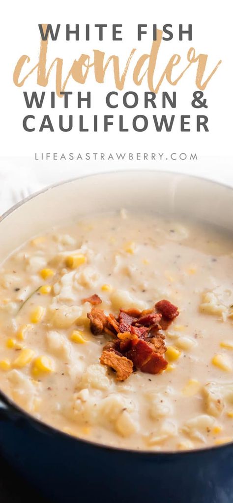 Barramundi (white fish) corn chowder with rosemary, cauliflower and bacon. A healthy, easy New England inspired fish chowder that\'s ready in under an hour using a handful of ingredients from the freezer! Use barramundi, cod, haddock, tilapia, or your favorite fish for this creamy chowder. Easily adapted to be dairy free! Cod Chowder Recipe, Cauliflower Chowder, Chowder Recipes Seafood, Fish Chowder, Corn Chowder Recipe, Seafood Chowder, Vegan Fish, Fall Dinner Recipes, Healthy Fish