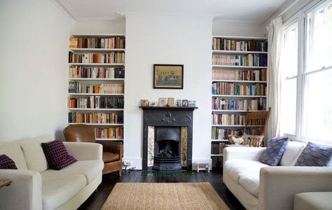 Reader request – built-in shelving for fireplace Shelves Around Fireplace, Alcove Bookshelves, Edwardian Terrace, Emerald House, Manhattan Townhouse, Alcove Ideas Living Room, Alcove Shelves, Bookcase Ideas, Fireplace Bookshelves