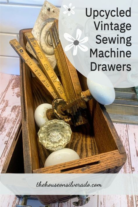 Decorating With Old Sewing Machines, Ideas For Sewing Machine Drawers, Sewing Machine Drawers Ideas, Sewing Machine Drawers Repurposed Ideas, Sewing Drawers Repurposed, Sewing Machine Cabinet Repurposed, Sewing Machine Drawer Shelves, Vintage Sewing Drawers Repurposed, Vintage Sewing Machine Repurposed