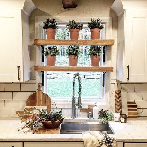 Shelves Above Kitchen Sink, Kitchen Window Plants, Kitchen Window Shelves, Over The Kitchen Sink, Kitchen Window Decor, Kitchen Sink Window, Window Shelves, Small Kitchen Decor, Plant Shelf