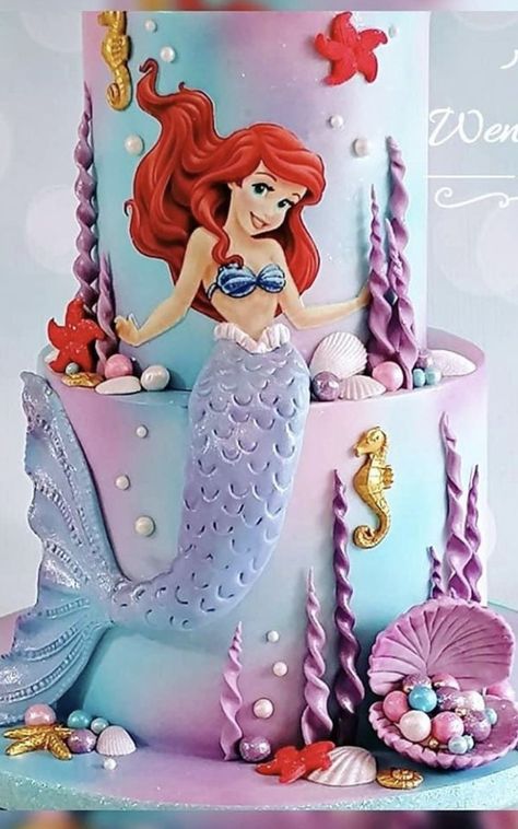 Mermaid Birthday Party Cakes, Ariel The Mermaid Cake, Arial Birthday Cake, Mermaid Themed Birthday Cake, Ariel Birthday Cake Ideas, Birthday Cake Ariel Mermaid, Little Mermaid 4th Birthday Party, Ariel Theme Cake, Cake Ariel Mermaid