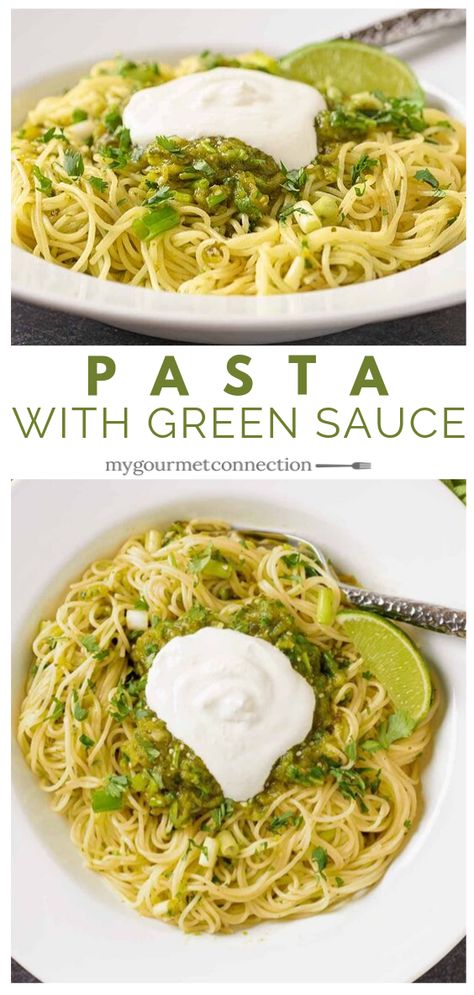 Roasted tomatillos and poblano peppers combine with onion, garlic, lime juice, and fresh cilantro to make a light green sauce for angel hair pasta. #pasta #salsaverde #tomatillos #mygourmetconnection Green Spaghetti Recipe, Easy Dinner For Two, Green Spaghetti, Easy Vegetarian Dinner, Poblano Peppers, Vegan Sour Cream, Spaghetti Recipe, Angel Hair Pasta, Pasta Pasta